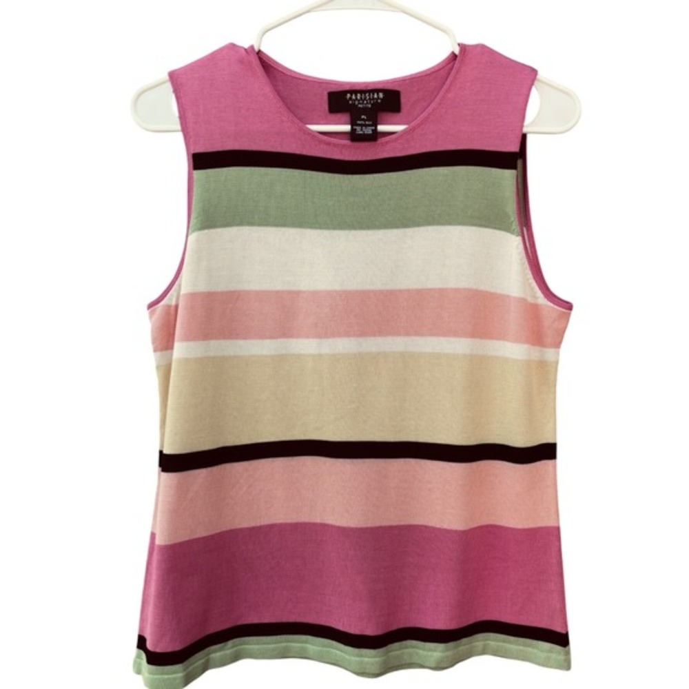 Parisian Signature Petite 100% Silk Striped Sleeveless Knit Top Pink Green PL - Picture 6 of 7